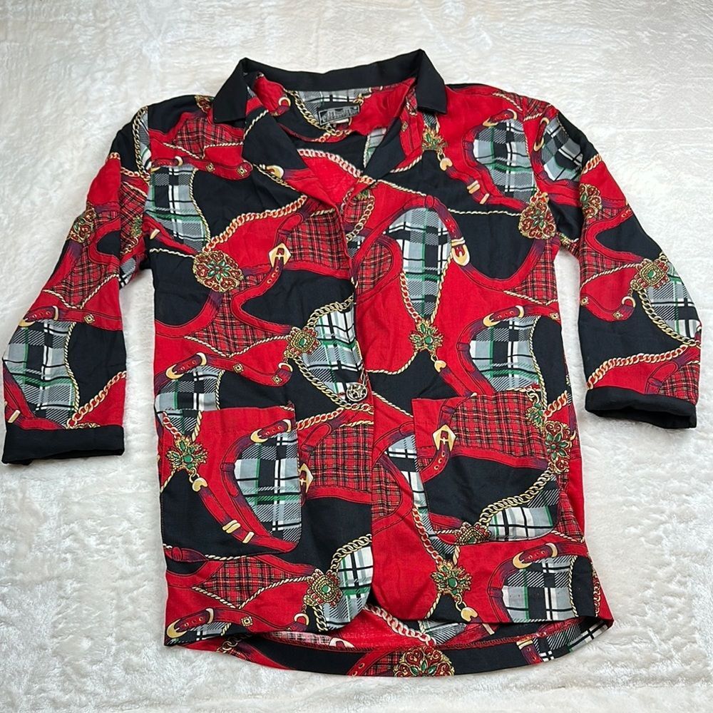 Chauncey Street Women's Casino Blouse Red Black Gold Chain Belt Print Size 12 - Picture 1 of 8